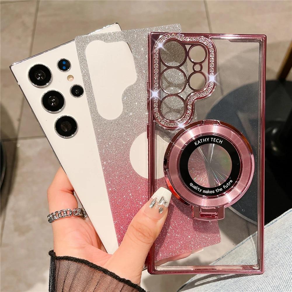 Plating Gradient Glitter Diamond Stand Holder Magnetic Case For Samsung S24 S23 Ultra S22 Plus/iphone 15 14 13 12 11 Pro Max Magsafe Protection Cover