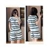 Women Striped 2 Piece Outfit Irregular Hem Short Sleeve T-shirt Drawstring Elastic Waist Shorts Casual Summer Tracksuit Loungewear Set