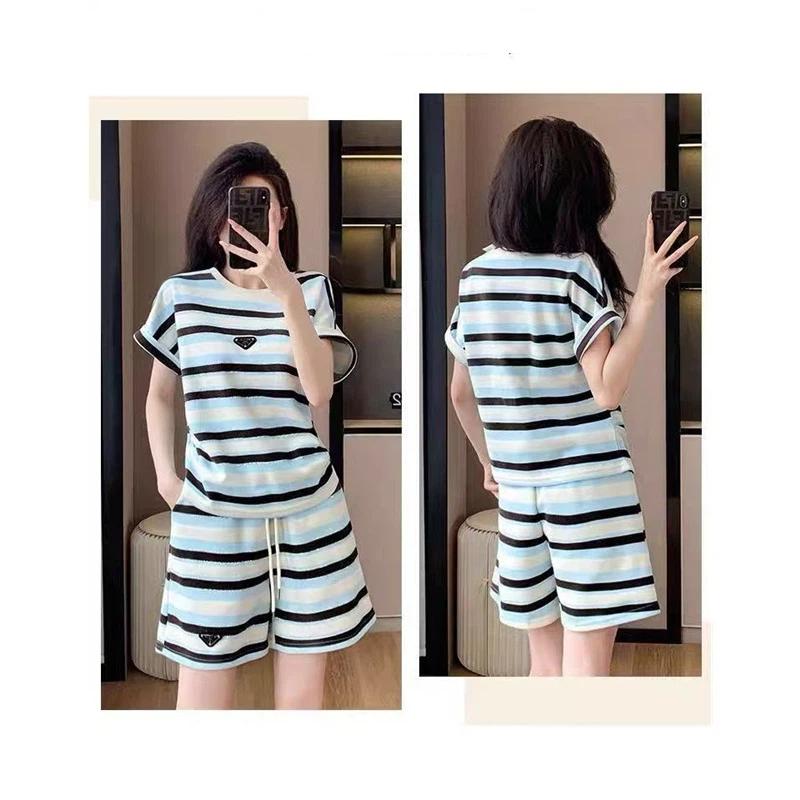 Women Striped 2 Piece Outfit Irregular Hem Short Sleeve T-shirt Drawstring Elastic Waist Shorts Casual Summer Tracksuit Loungewear Set