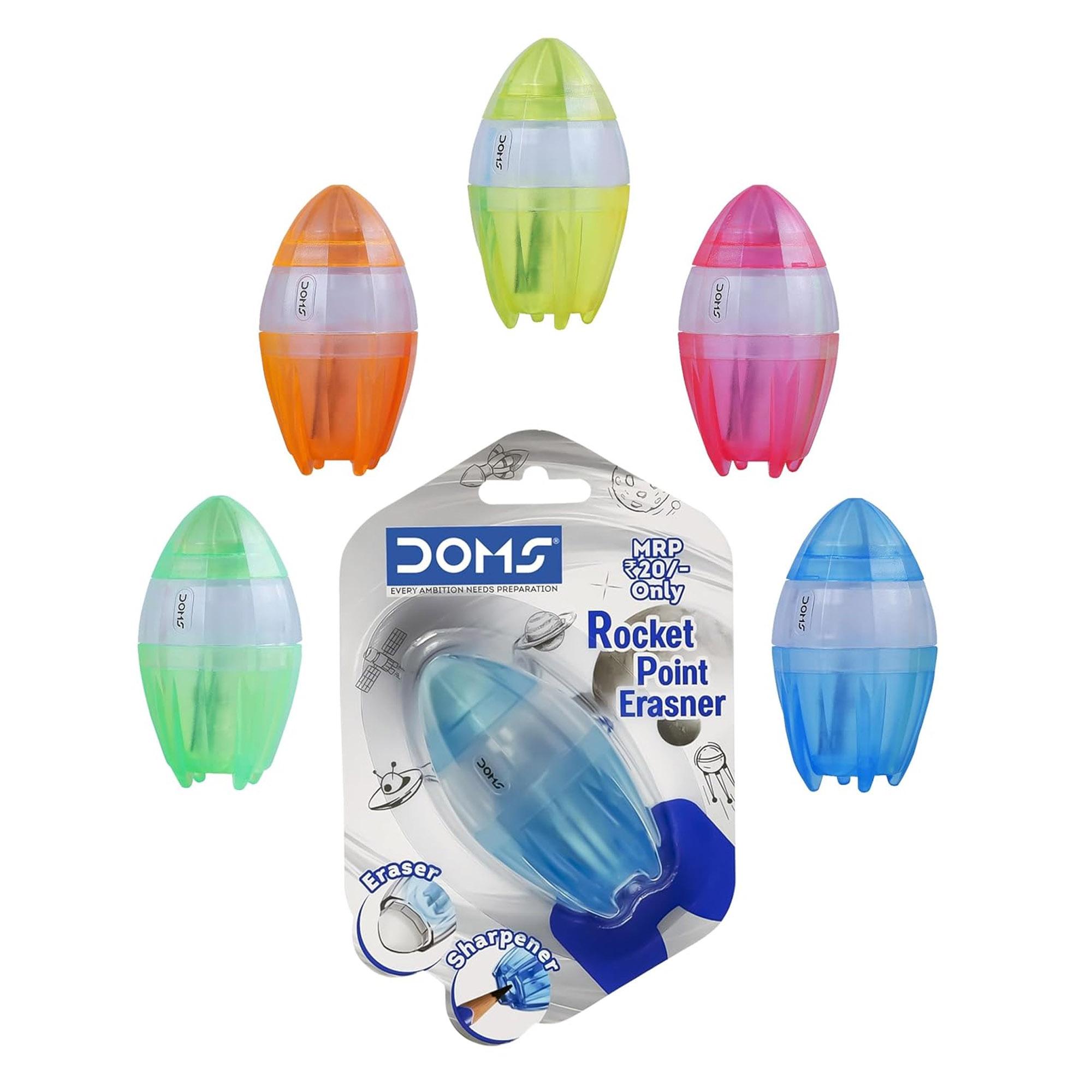 

DOMS Non Toxic Rocket Point Eraser & Sharpener Set Pack of 5 for Students, Artists, Engineers & School Office Use