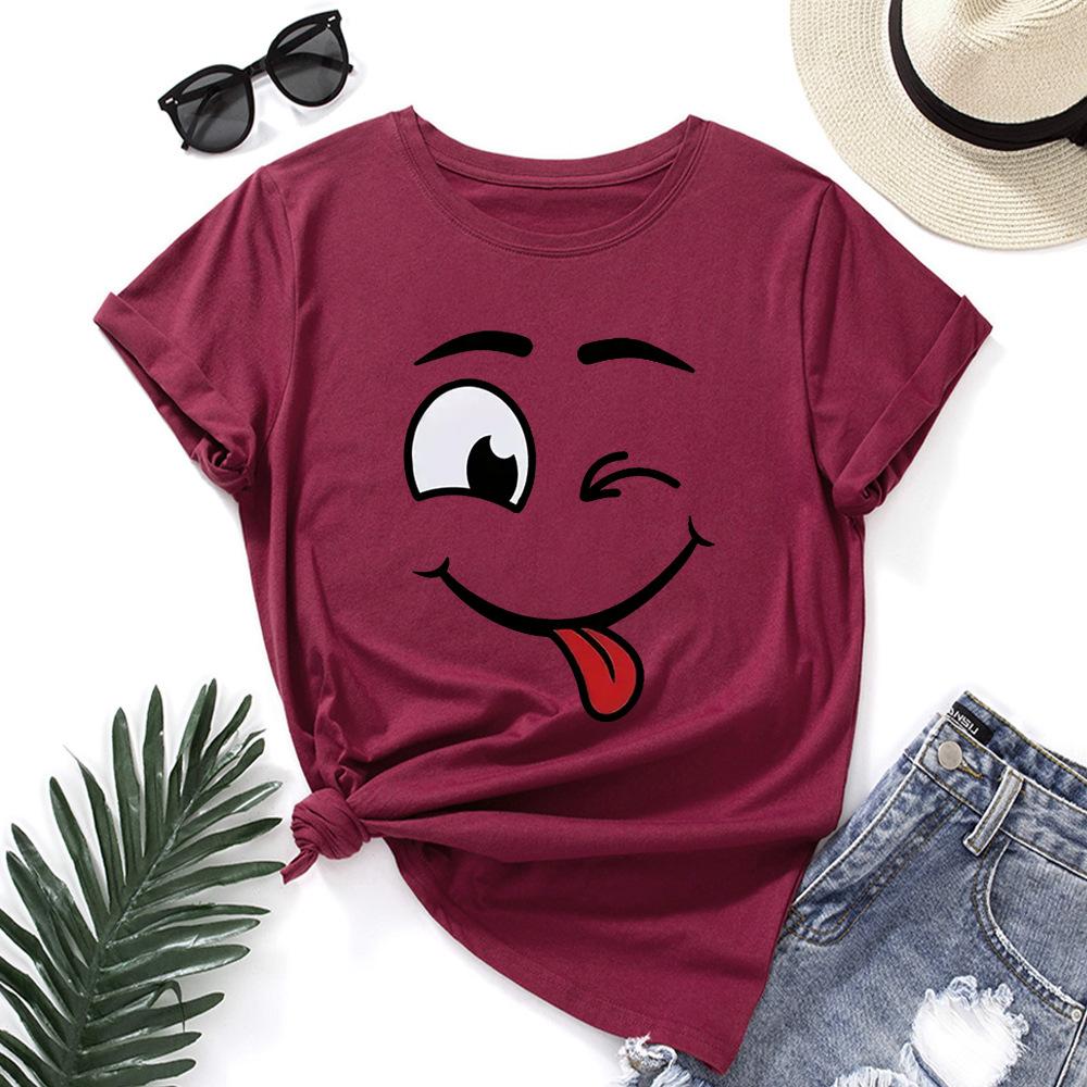 Cotton T-Shirt Short Sleeve Round Neck Women 2d Print Tops