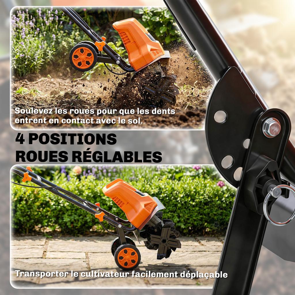 Electric Tiller, 1500 W, 6 Blades, 40 cm Tilling Width, Orange