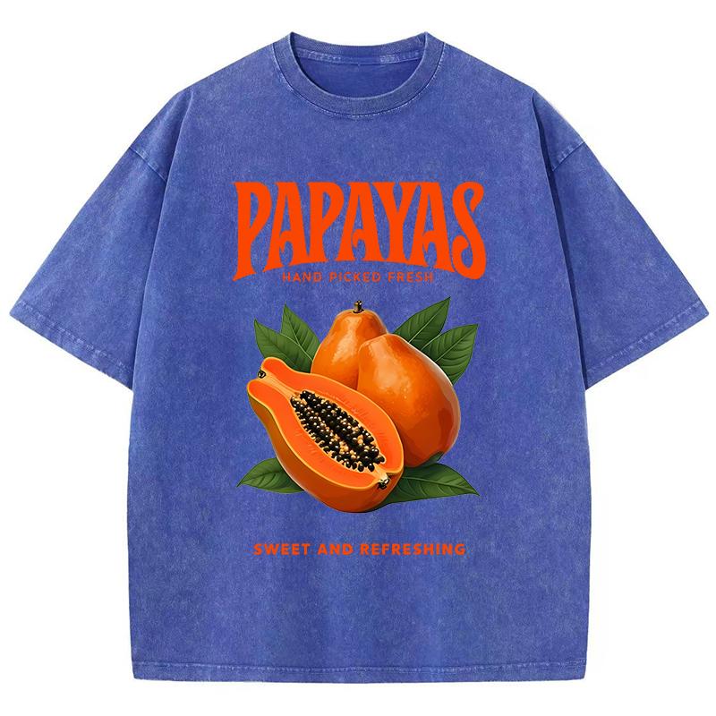 Papayas Hand Picked Fresh Prints Washed TShirt Womens Cotton T Shirts ONeck Comfortable Distressed Tops Summer Womans Clothes