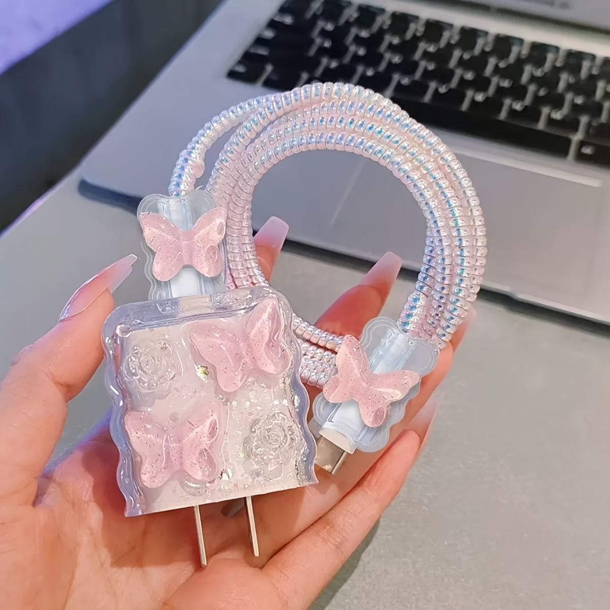 

Glue Pink Butterfly Suitable for Apple Data Cable Protective Case Mobile Quick Charge 20W Charger Protection Cover TPU