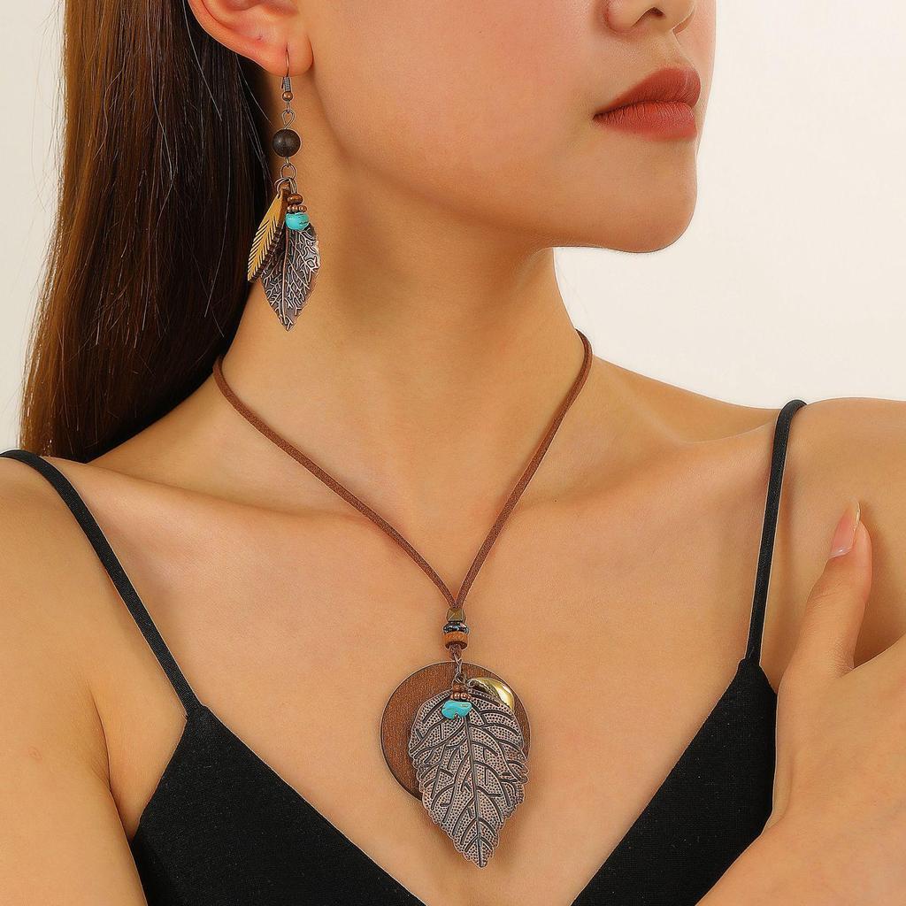 Retro Bohemian Leaf Earring & Necklace Set for Women