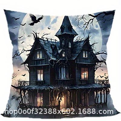 Short Plush Material Pillowcasehome Decor Haunted House With Moon And Ravens Pillow Cover Pattern Cushion Cover Suitable For Sof