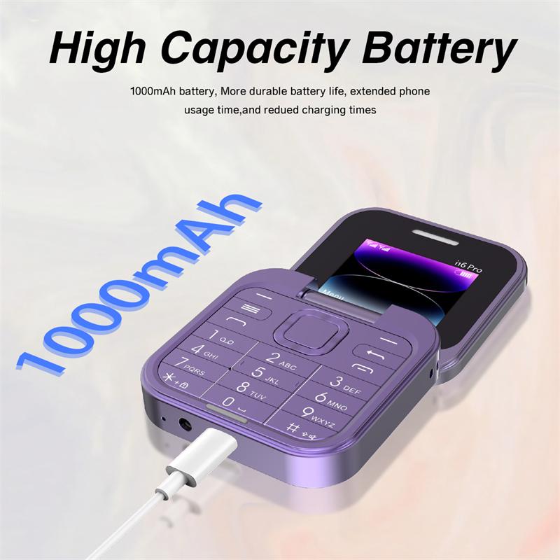 Ny i16 Pro Søt Flipblokk Mobiltelefon Doble SIM-kort 1,77" Skjerm Hurtigtaster Magisk Stemme Svarteliste Mini Boks Mobiltelefon 3,5 mm Jack