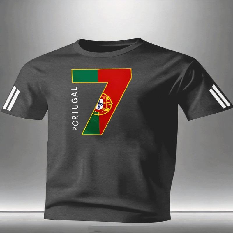Short-sleeved Round Neck Fashionable and Casual Portuguese No. 7 Graphic Printed T-shirt, Adult Men's Daily Casual Sportswear