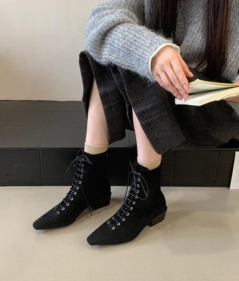 Autumn and Winter New Fashionable Temperament Medium Boots Women's Thick Heel Pointed Leather Strap Punk Style Short Boots
