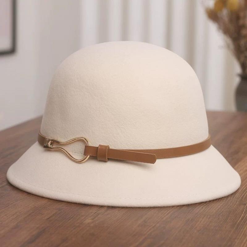Belt buckle wool top hat female autumn and winter Hepburn style extravagant face small bucket hat dome retro versatile basin hat