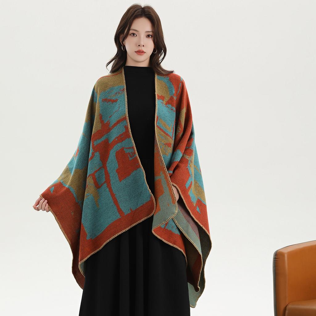Literary Tourism Shawl Autumn and Winter Imitation Cashmere Knitted Scarf Split Fork Oil Painting Cape Cloak Outside