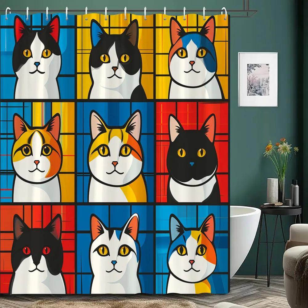 Cartoon Cat Shower Curtain Black and White Line Cat Colourful Footprints Polyester Fabric Home Shower Curtains Bathroom Decor