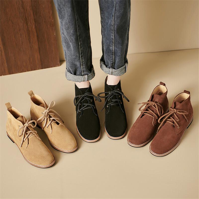 Fashion 2025 Autumn Cow Suede Women Boots Round Toe Low Heels Boots for Women College Style Lace Up Short Boots Winter Boots Work Boots