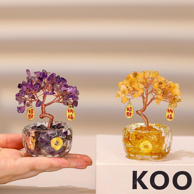 1Pc Natural Citrine Fortune Tree Home Desktop Ornament Lucky Tree Good Luck Amethyst Powder Crystal Cash Cow Gift