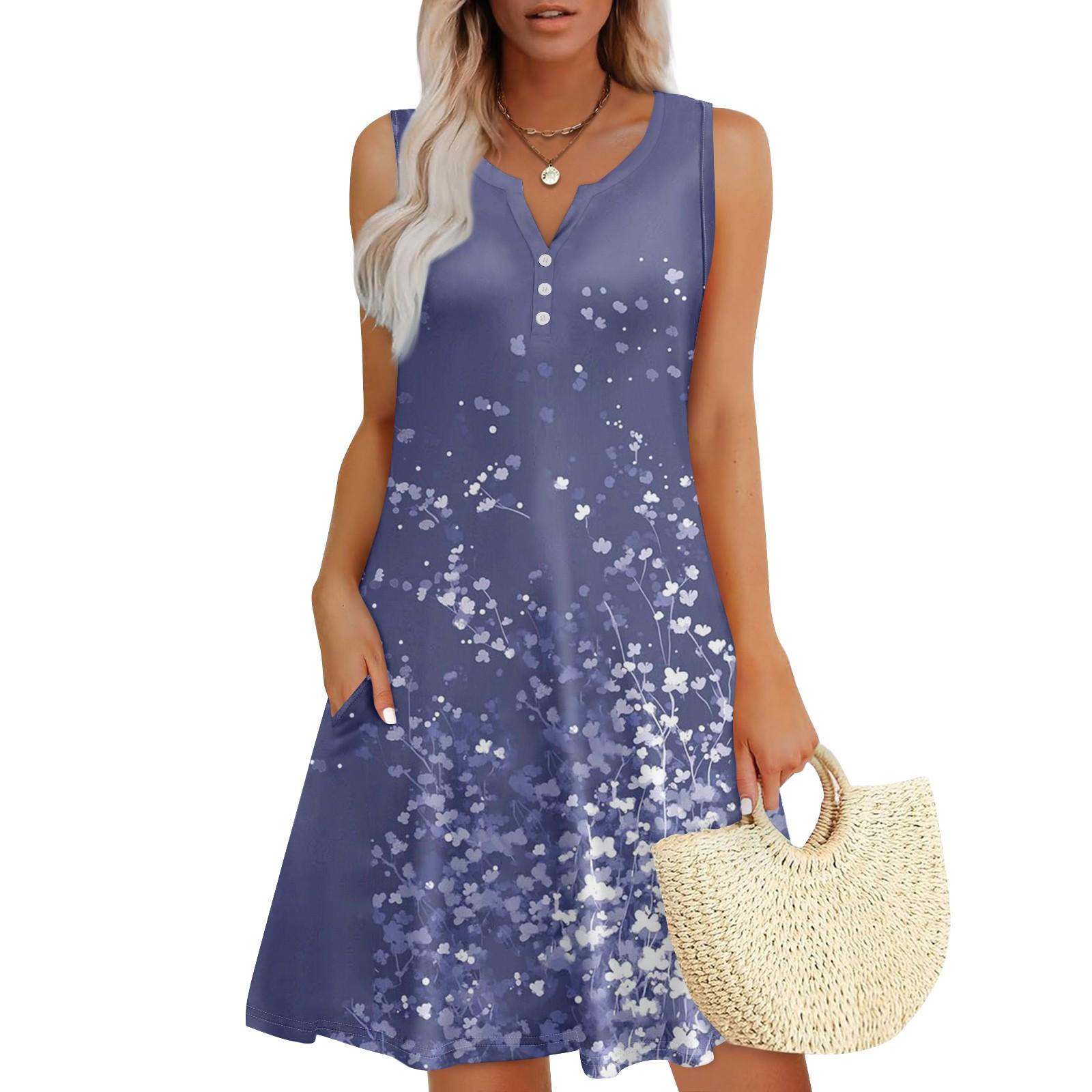 

Женские летние платья Свободные сарафаны без рукавов с V-образным вырезом Платье с карманами M фиолетовый