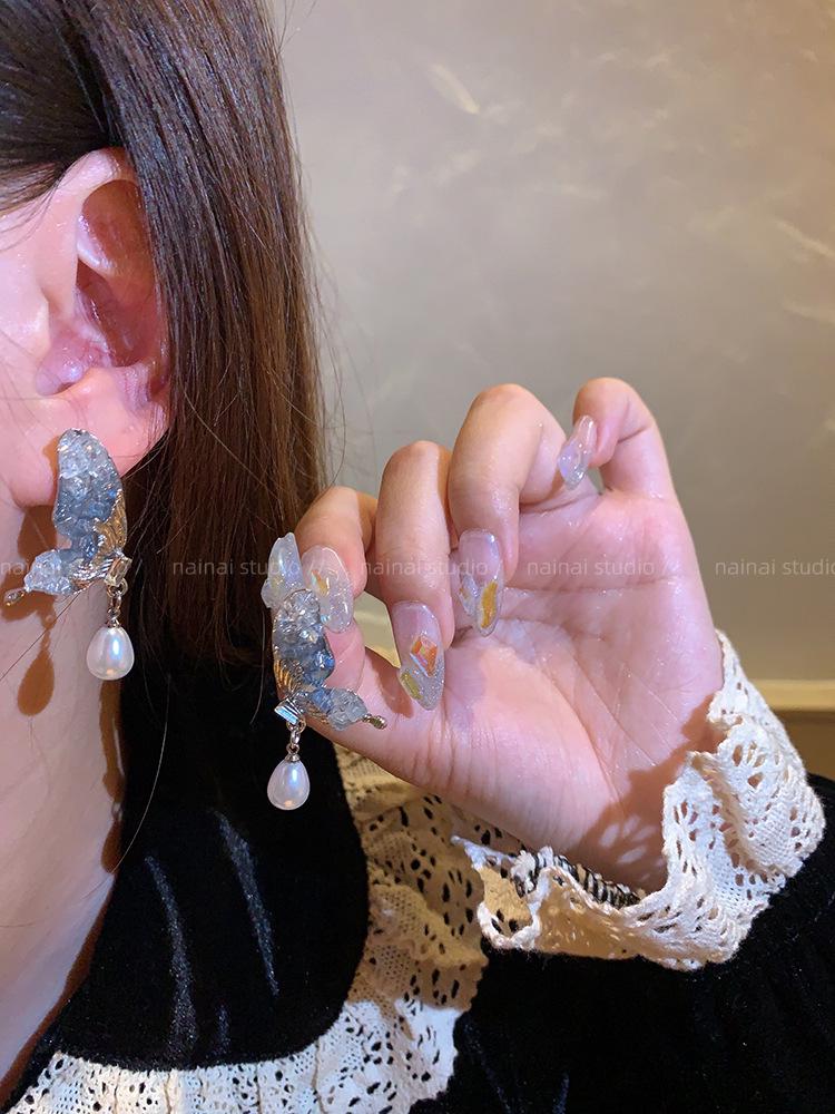 S925 Silber Kristall Schmetterling & Perlen Ohrringe - Elegant und Trendig Damen Leichter Luxus