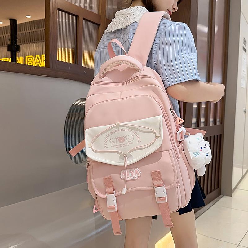 

Student Color Contrast Schoolbag Women s Large Capacity Backpack рожевий