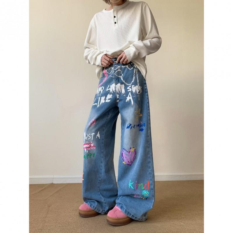 Pantalon en jean taille haute large pour femme avec imprimé graffiti coupe ample pantalon court décontracté streetwear