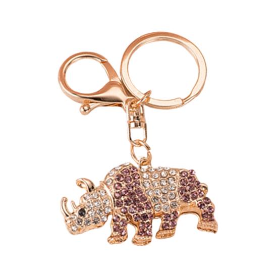 Keychain Pendant 3D Cartoon Rhinoceros Design Sparkling Rhinestones Inlaid Key Chain with Lobster Clasp Key Ring Bags фиолетовый