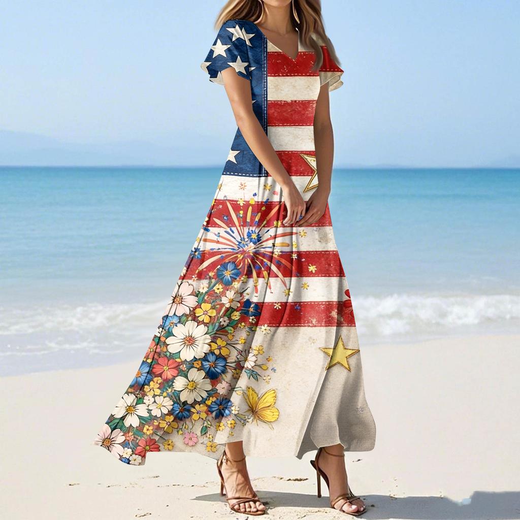 Women's Summer Casual Fashion Print Color Dresses V-Neck Short Sleeve Dresses