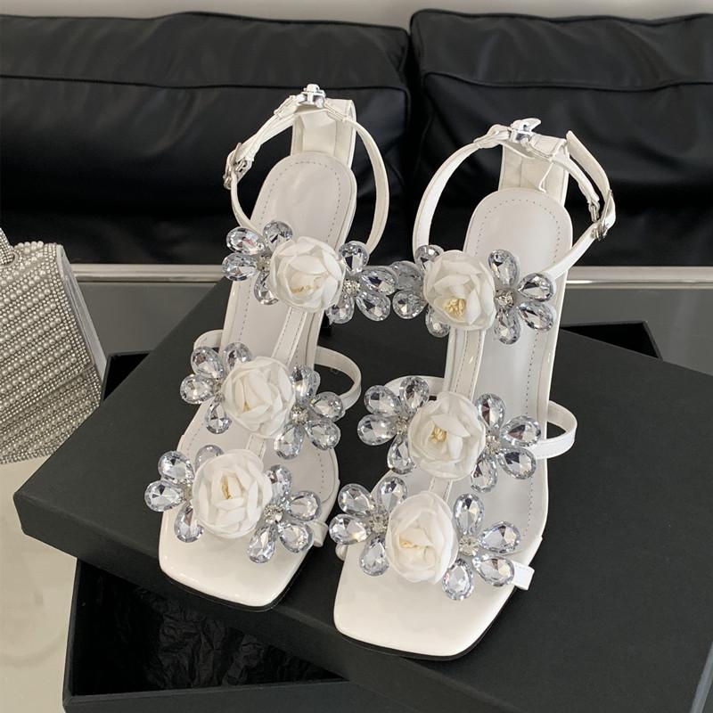 Fashion Luxury Rhinestones Flowers Buckle Strap Women Gladiator Sandals Sexy Narrow band Mary Janes Thin High Heels Summer Wedding Shoes