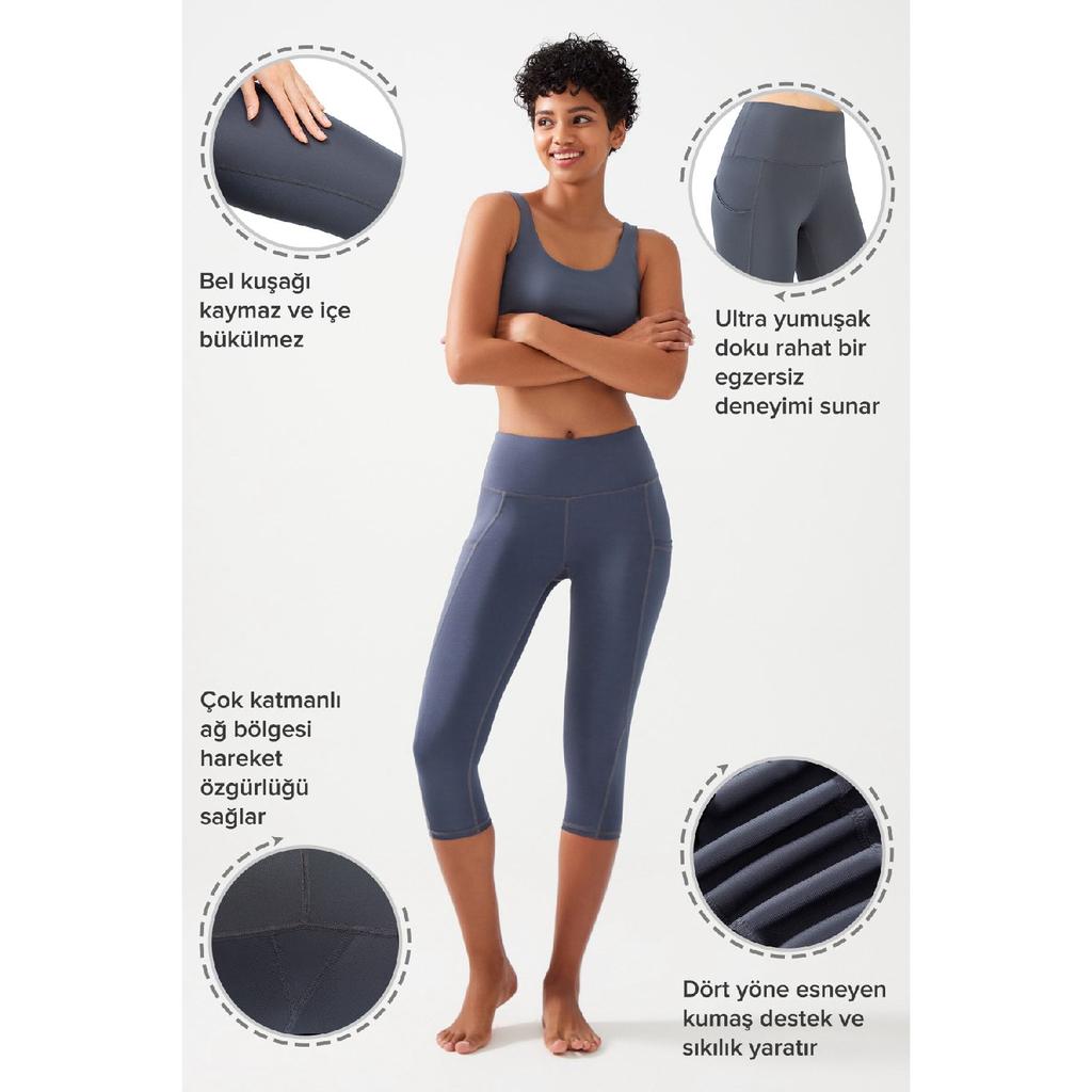 Women's Black High Waist Collecting Double Pocket Below Knee Capri Leggings Capri