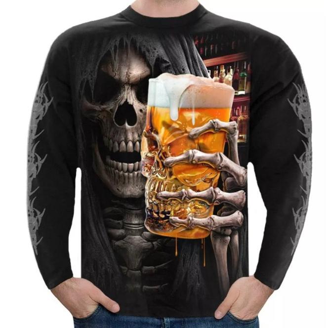 3D Skull Printed Top Fashionable Casual Long Sleeved Men's T-shirts - Soft Medium Stretch Polyester Fabric Spring and Autumn Relaxed Fit Clothing