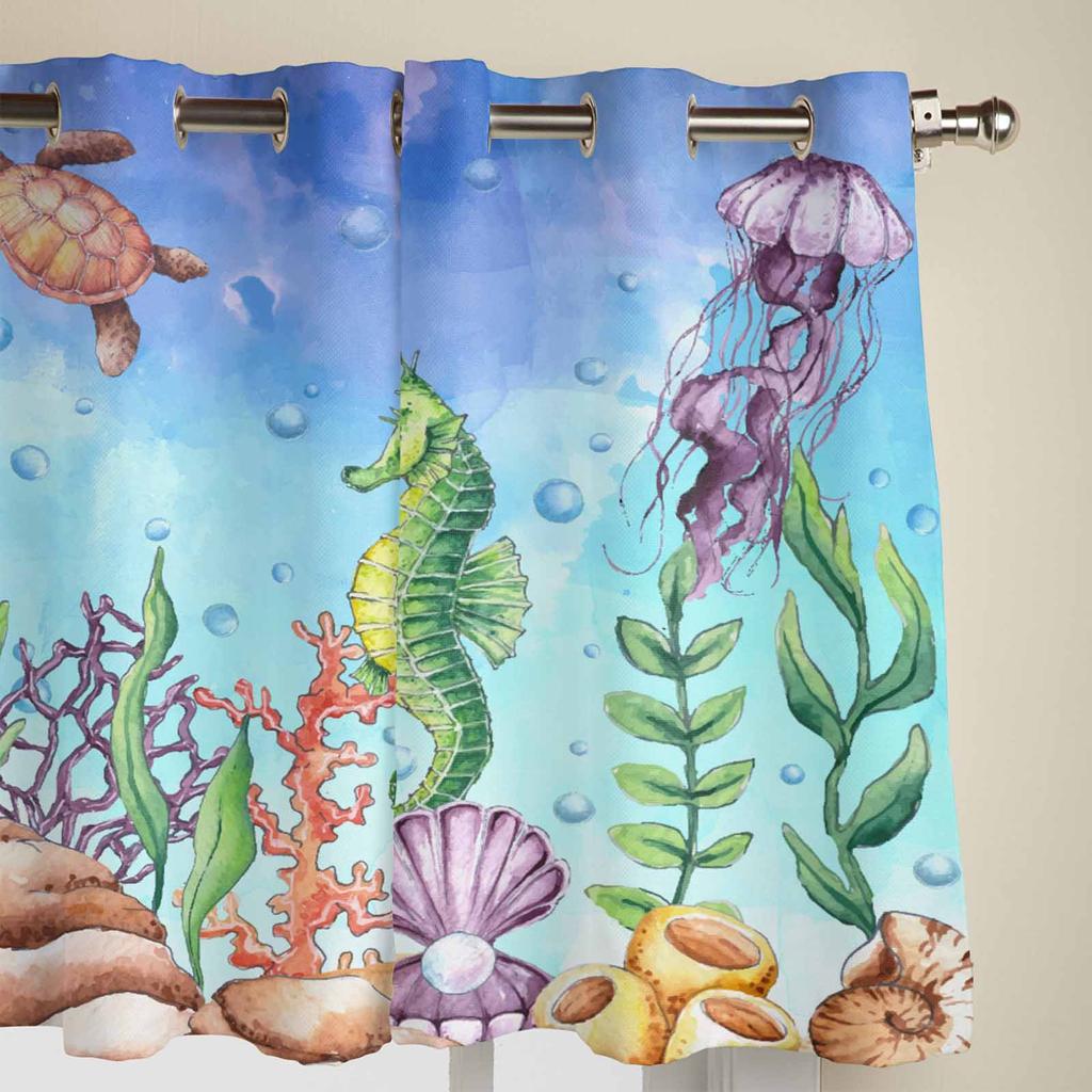 Ocean Jellyfish Seahorse Coral Watercolor Window Curtains for Living Room Bedroom Curtain Modern Kitchen Blinds Drapes Curtains