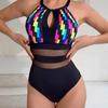 Stylish new onepiece swimsuit with a definitive striped print sexy backless mesh patchwork women's swimsuit