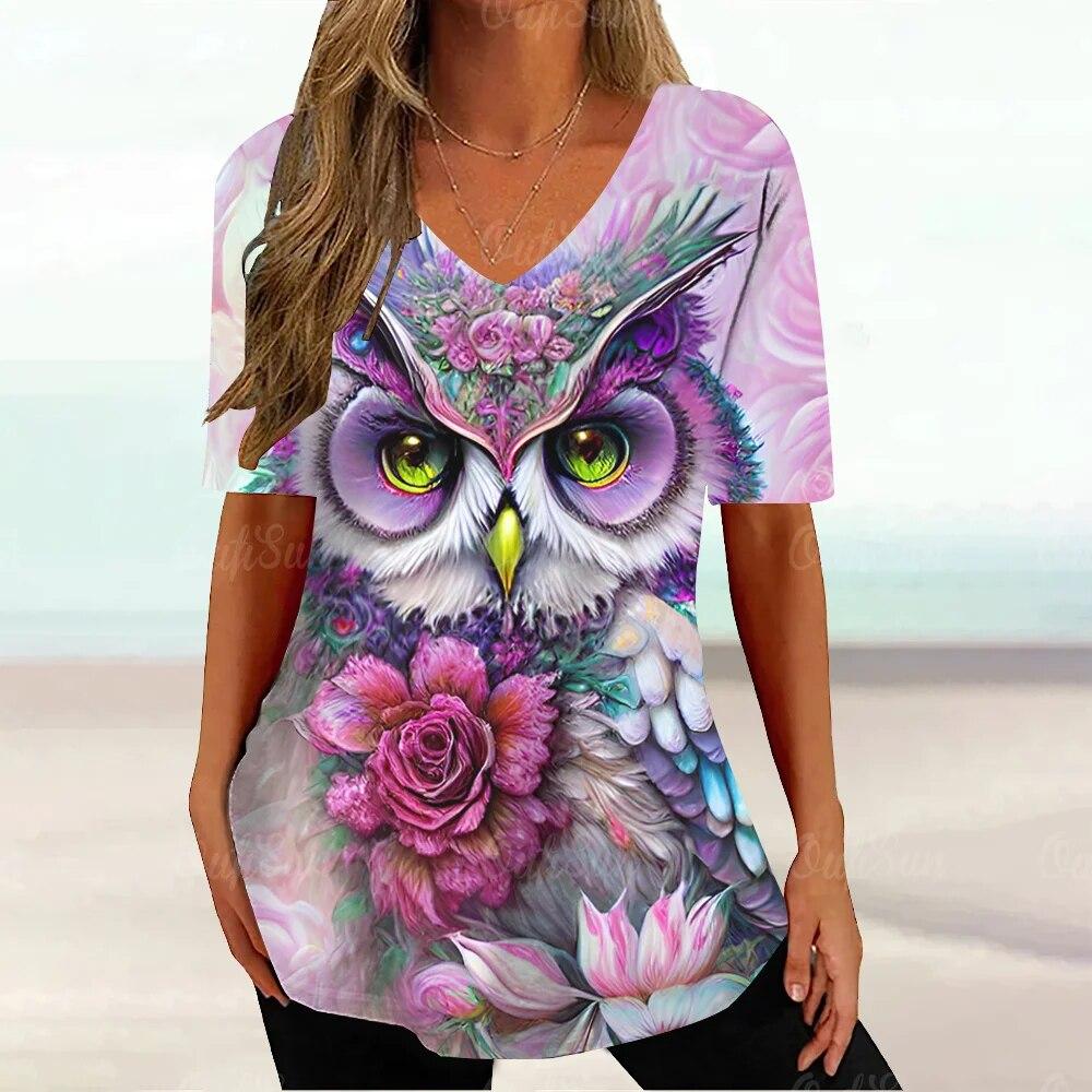 Dámská trička Vintage sova Zvířecí grafický potisk Tričko Letní móda Výstřih do V Krátký rukáv Top Trička Oversized Dámské tričko Oblečení