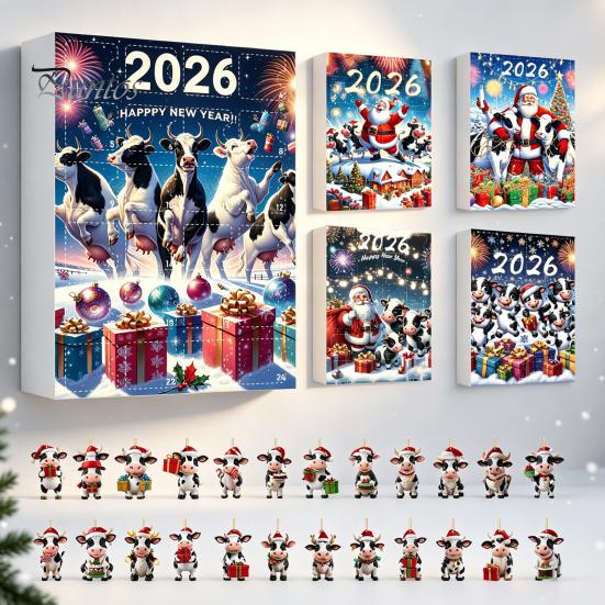 Decorative Ornaments for Backpacks Keys Christmas Cow Ornament Advent Calendar 2026, 24 Days 2D Acrylic Hanging Pendant Creative Holiday Gift