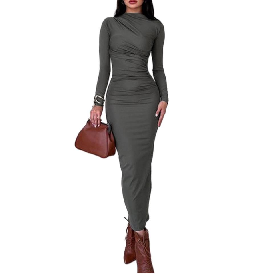 New Women's Round Neck Long Sleeved Bodycon Dresses Tight Casual Solid Color Wrap Long Dress Clothing