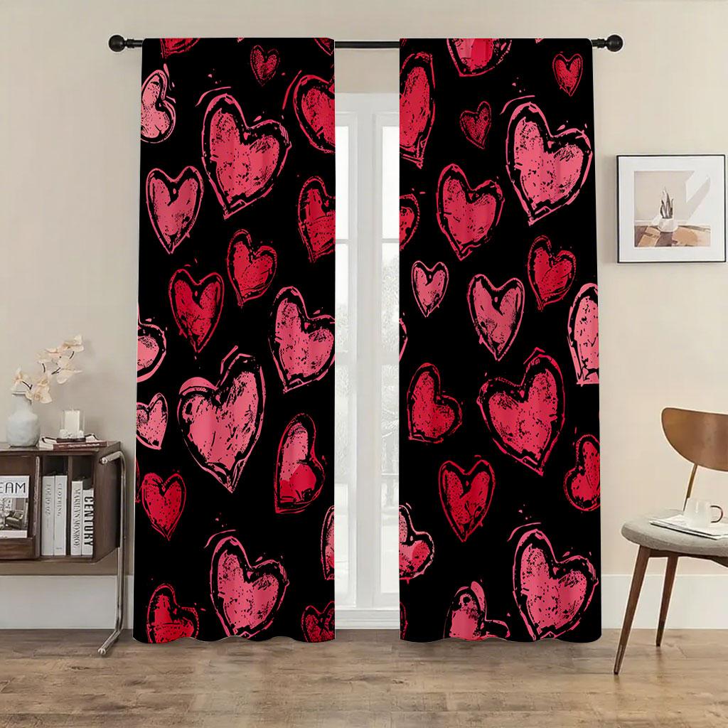 2 Stück Grunge Rotes Herzmuster Vorhänge   Perfekt für den Valentinstag/Ausgefallene Fensterdekoration Vorhangstangen-Tasche Vorhänge