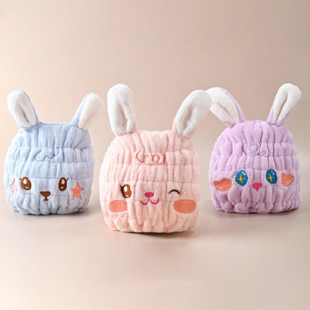 Thickened Children's Dry Hair Cap Absorbent Creative Elastic Round Cap Cartoon Rabbit Head Design Hair Drying Towel Home Use
