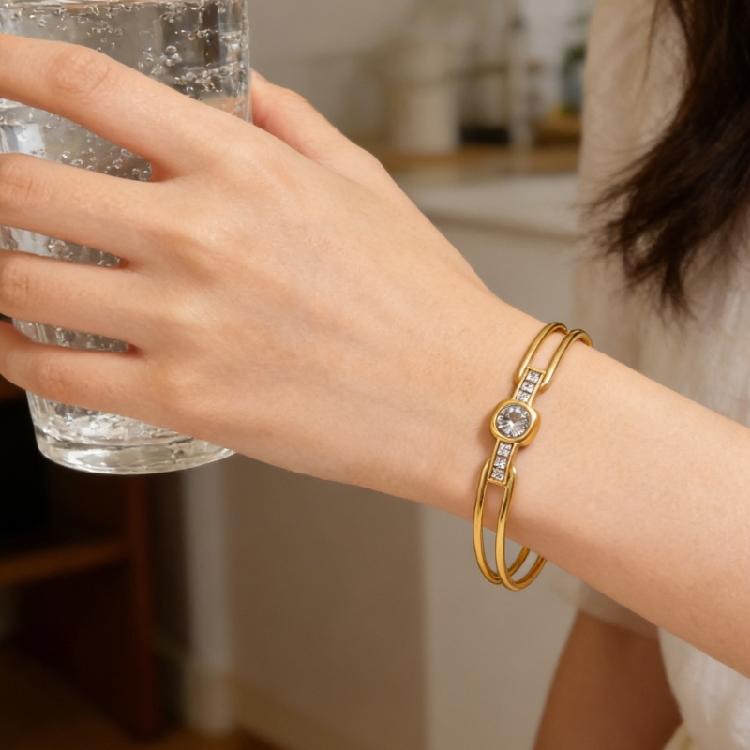 Dainty Adjustable Opening Bangle With Shimmering Zircon Accents Waterproof Wrist Jewelry With Rhinestones