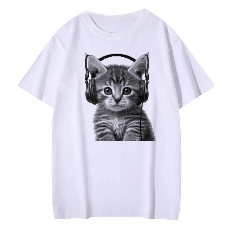 Round-neck Red T-shirt Women's T-shirt Top Women's T-shirt with Cute Kitten Wearing Headphones Print Short-sleeve for Women