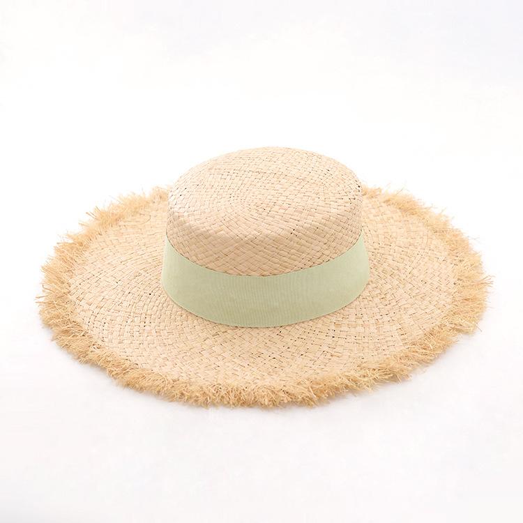 Summer new raffia rough edge flat top big brim straw hat multi-color webbing raffia flat top hat beach hat