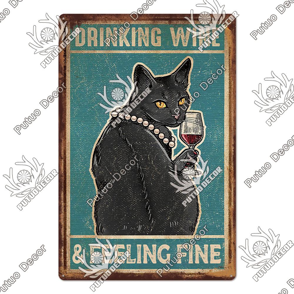 Putuo Decor Black Funny Cat Metal Sign Vintage Plaque Metal Retro Animals Tin Poster for Living Room Home Decoration Wall Decor