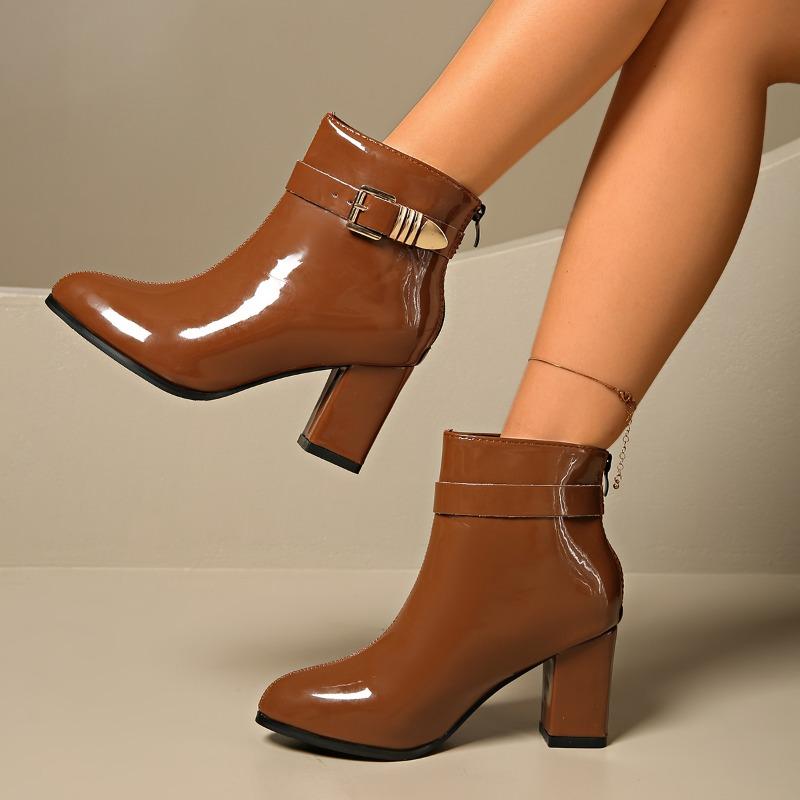 

Женские ботильоны на каблуке большого размера с острым носком, боковой молнией, металлической пряжкой, противоскользящие, износостойкие, модные ботинки 43