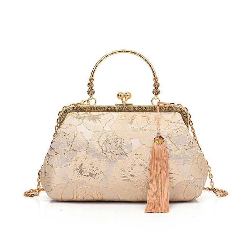 National Style Bag Female Jacquard Fabric Celebrity Clip Niche Evening Wear Handbag Chain Cross-body