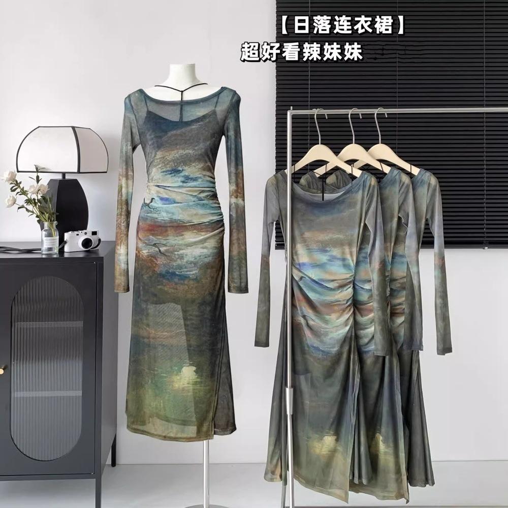 

Винтажное платье-комбинация с разрезом на талии и сетчатыми бретелями, женское весенне-летнее длинное платье, костюм-двойка для женщин XL