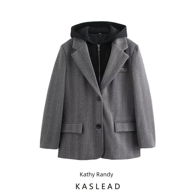 Kaslead New Arrival Women's Fashion Style Fashion Hooded Patchwork Herringbone Twill Suit Outwear 4387368