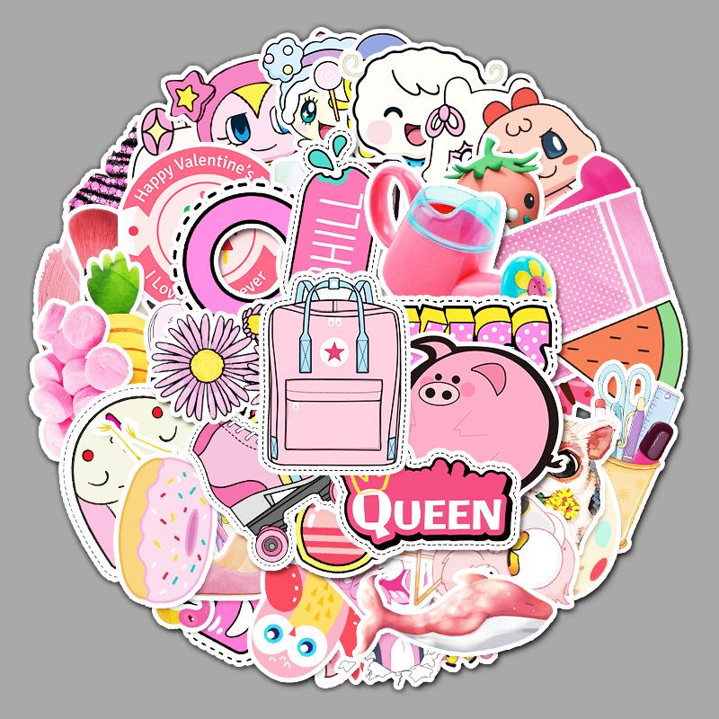52 Unique Pink Series Waterproof Stickers for Suitcases, Cars, Motorcycles, and Phones