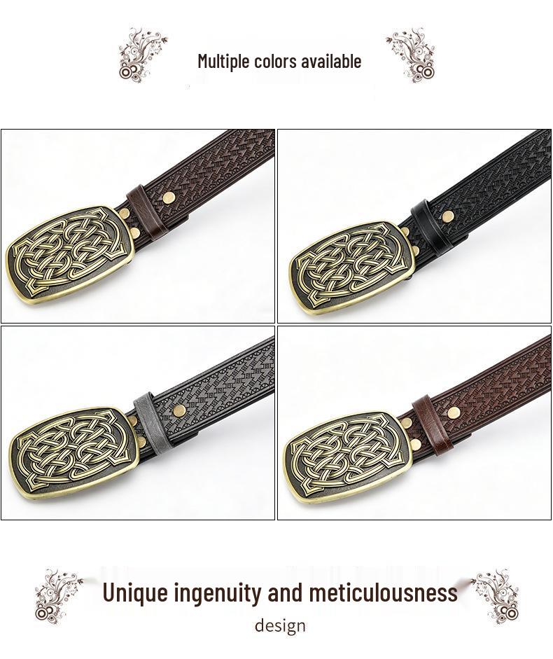 Western Cowboy Men's Leather Belt with Large Buckle and Turquoise National Flag Pattern - Retro European American Style Waistband