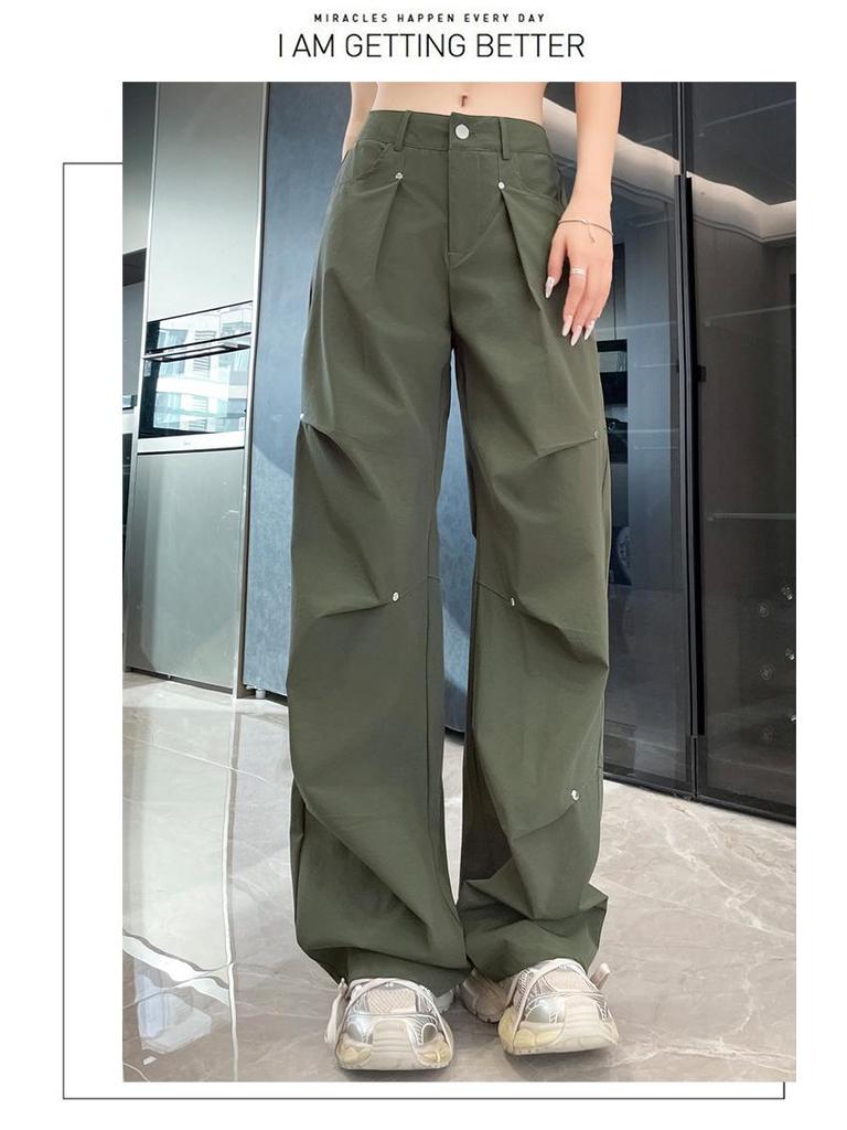 2025 Women's Quick-Dry High Waist Casual Pants – Loose, Elastic, Ice Silk Wide-Leg Overalls for Spring