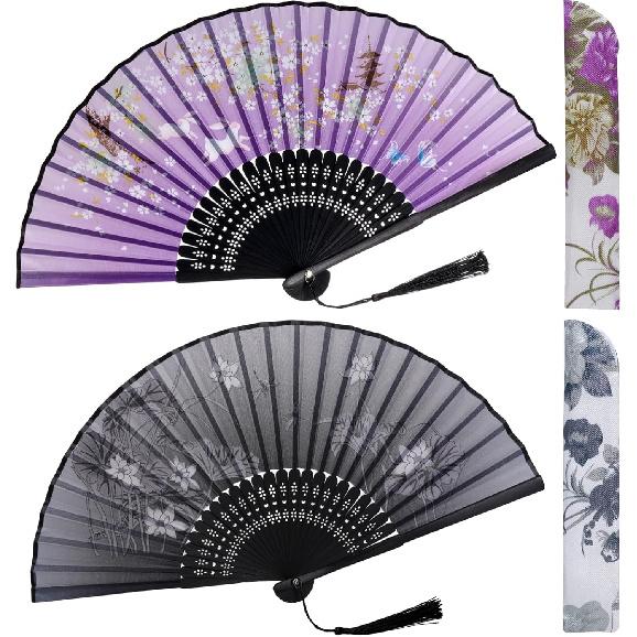 Ручные Складные Веера Цветочные Ручные Веера Шелковые Бамбуковые Веера с Кисточкой Китайский Японский Ручной Складной Веер с Тканевым Чехлом для Танцев Свадьбы 2