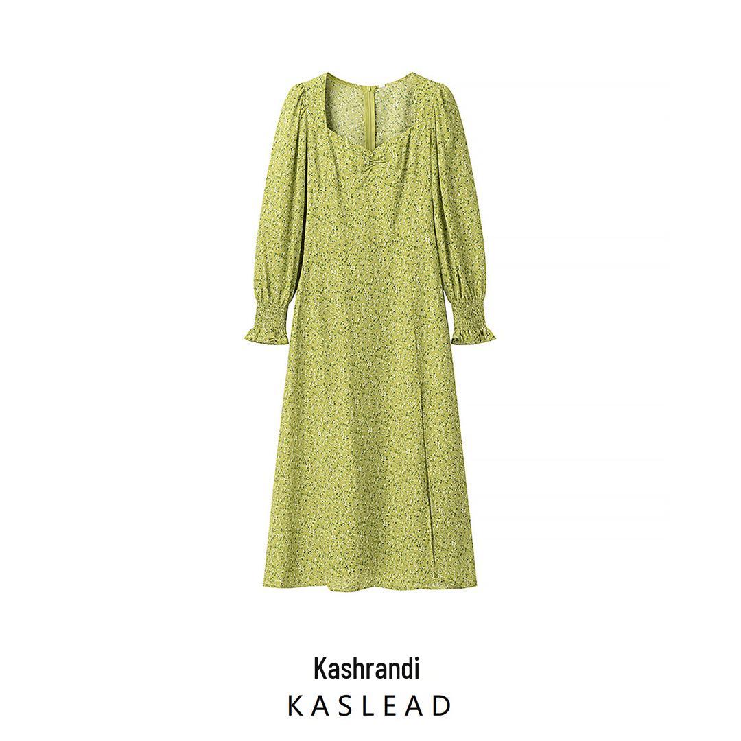 

2025 Spring Women s European and American Fashion Puff Sleeve Print Dress Small зелёный