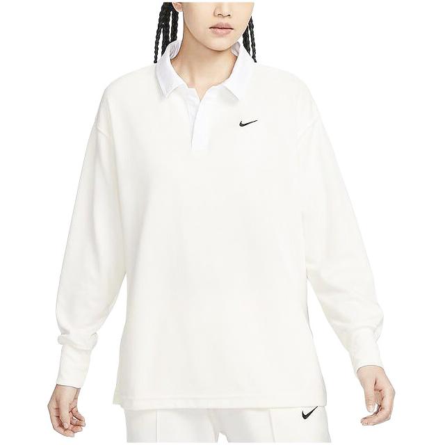 Nike Solid Color Polo Collar Loose Long Sleeve Drop Shoulder T-Shirt Women Tops White FB8721-133