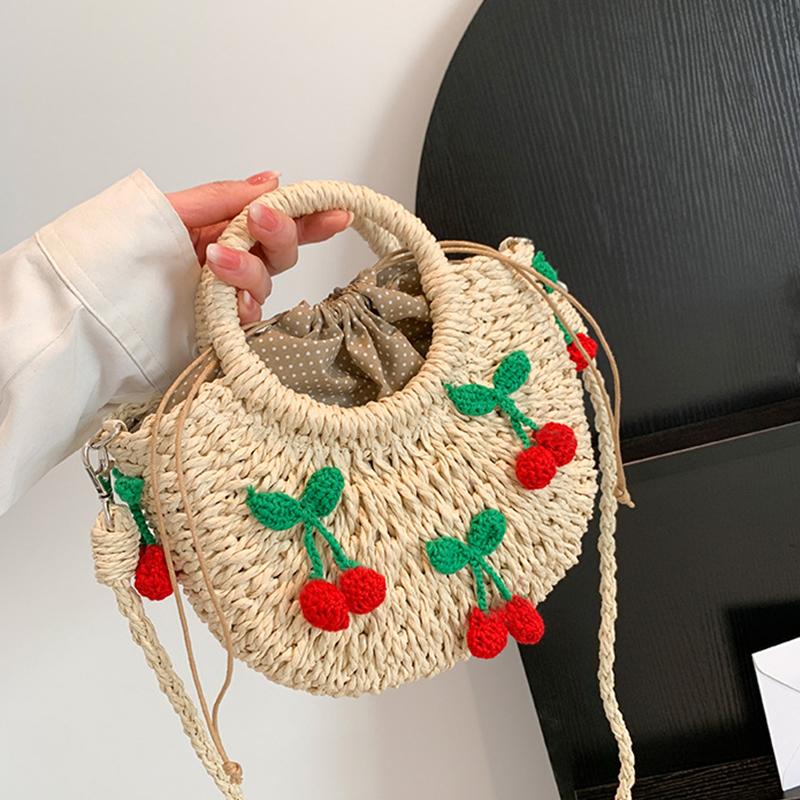 Yogodlns Bolsa de Palha Cereja Feminina Bolsa de Mão Tecida à Mão Formato de Lua Bolsa de Rattan Grande Capacidade Cordão Casual Bolsa de Ombro Cruzada para Praia