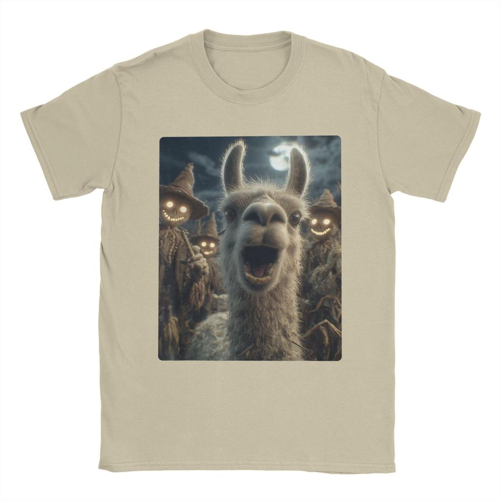 T-shirt Homme Selfie Lama avec Épouvantails Effrayants Nouveauté Coton Manches Courtes Animal T-shirt Halloween Col Rond Hauts Cadeau